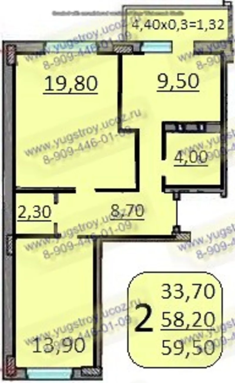 Продам 2-к квартиру 60 кв.м. 4/9эт. дом сдан,  ККБ